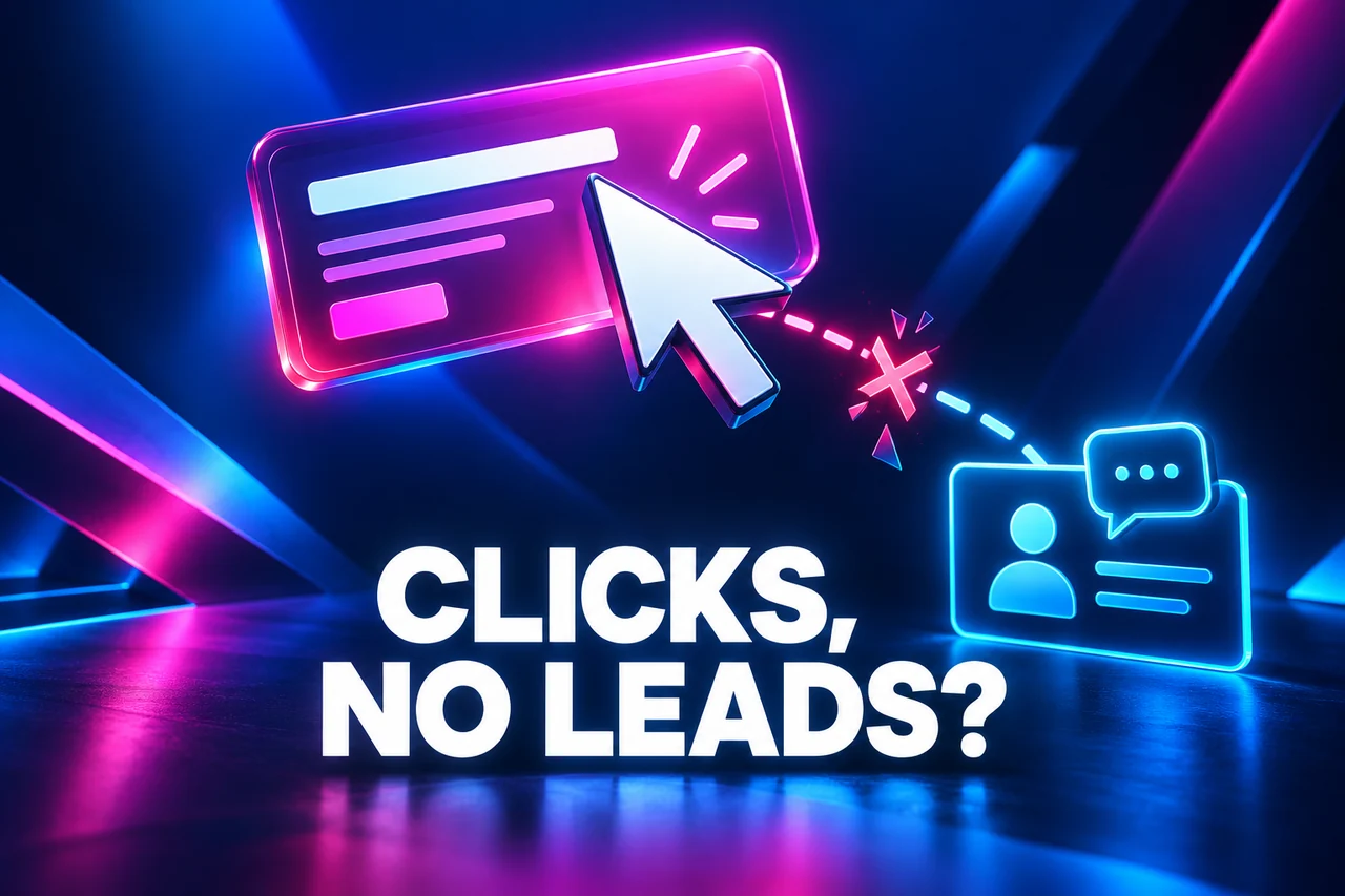 Clicks, no leads cover with a search-ad card, cursor and disconnected contact symbol