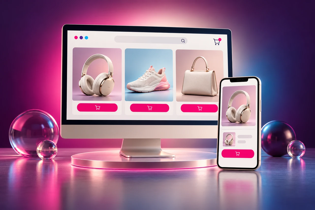 Online shop with product cards and a mobile shopping checkout