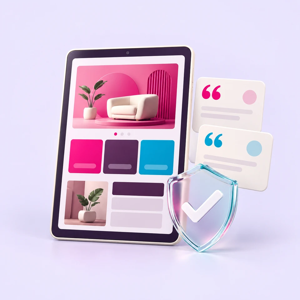 Business portfolio website with testimonial cards and a verification shield