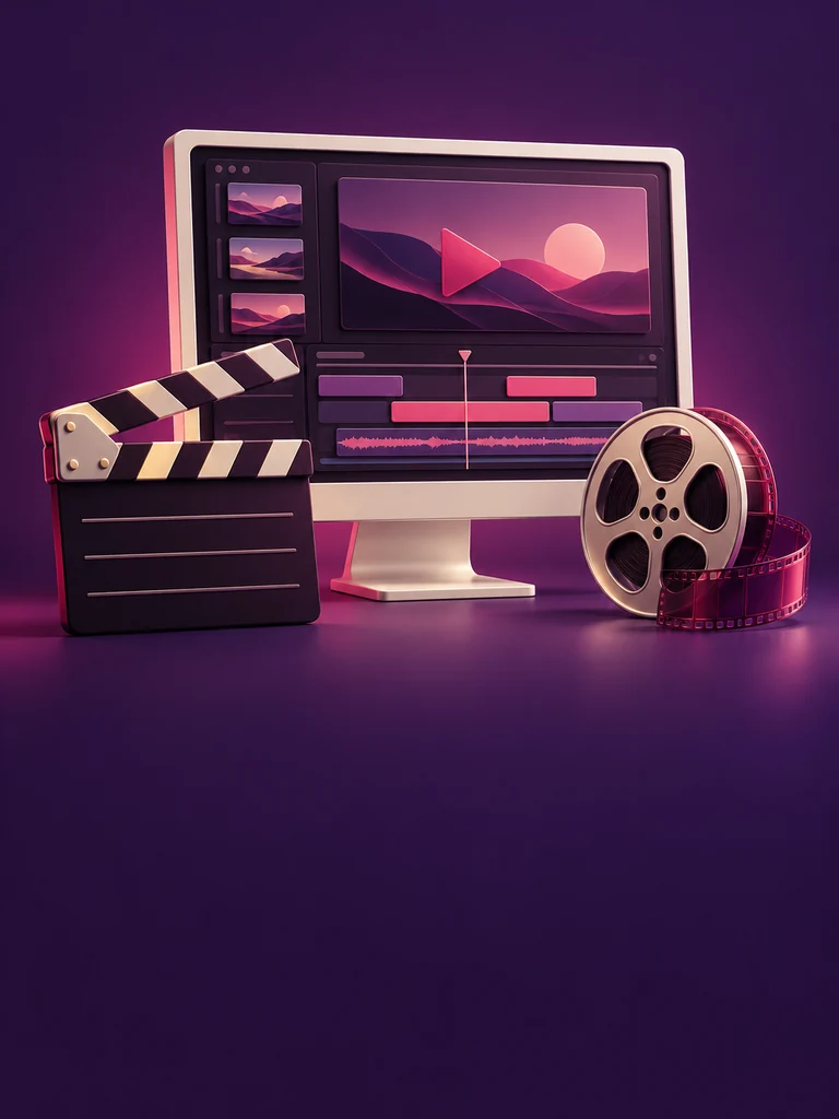 Editing screen, clapperboard and film reel illustrating video editing