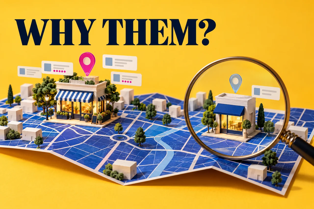 Two miniature storefronts on a blue street map with a magnifying glass and the words Why Them?