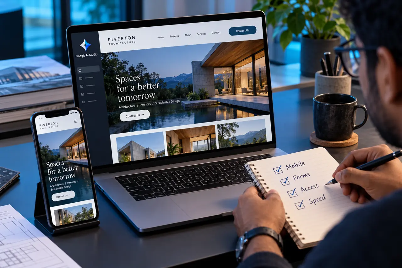 Developer checking mobile, forms, access and speed beside matching laptop and phone previews of an illustrative AI-built website