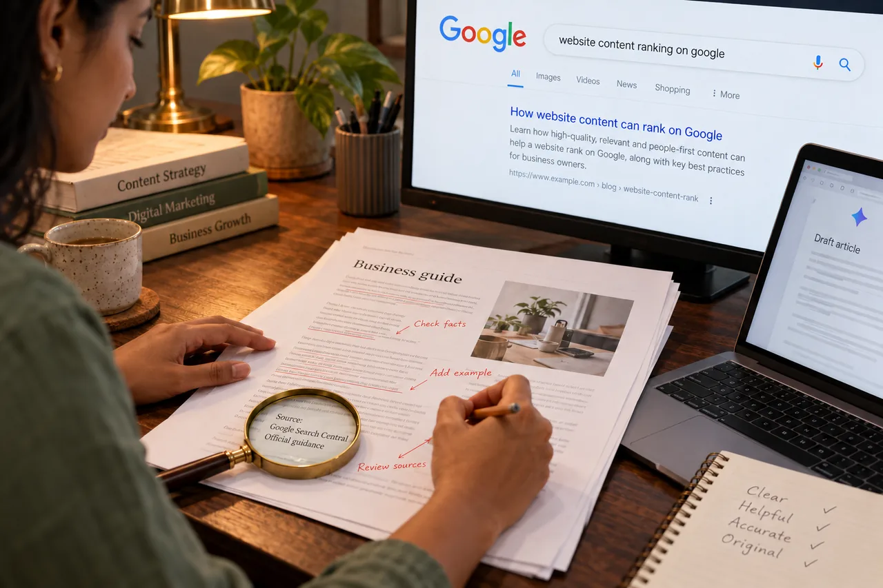 Content strategist checking facts, examples and sources on a draft beside illustrative Google Search and Gemini screens